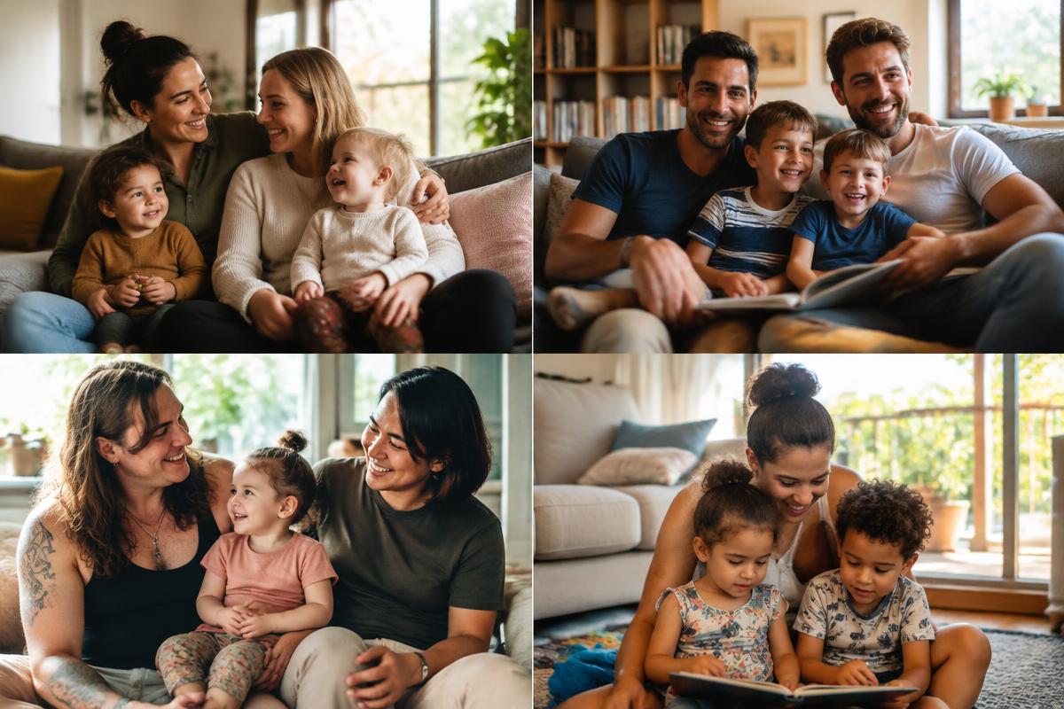 Rainbow families together at home in their living rooms